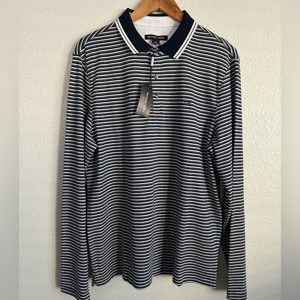 Michael Kors Greenwich Plaid MK Logo Polo Long Sleeve Shirt Men’s Size Large